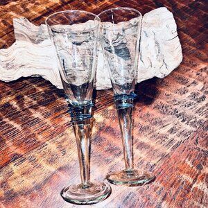 Blue Swirl Hand Blown Champagne Flutes